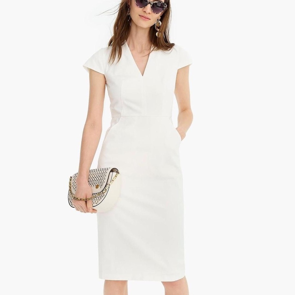 J. Crew White Pencil Dress with Cap Sleeves and V-Neck